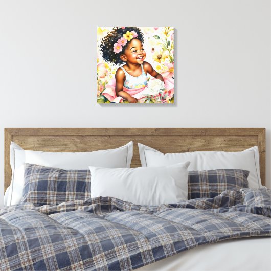  klein meisje in roze bloemen Waterverf kunst Canvas Afdruk (Insitu (Slaapkamer))