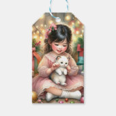 Klein  Meisje in Roze met Kitten Kerst Cadeaulabel (Voorkant)