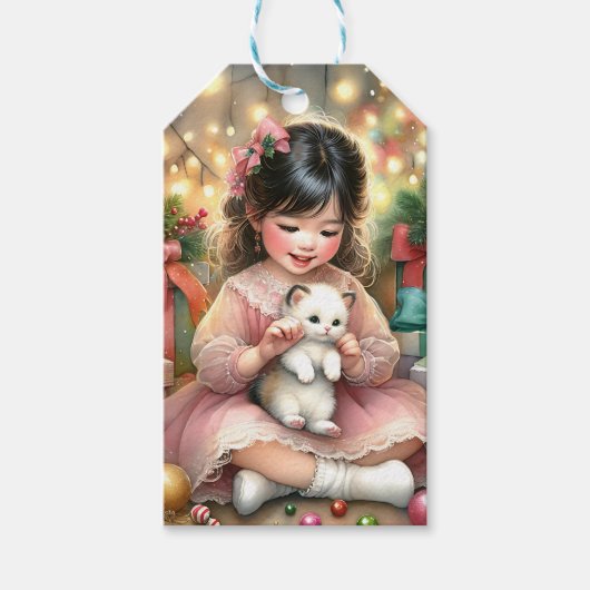 Klein  Meisje in Roze met Kitten Kerst Cadeaulabel (Voorkant)