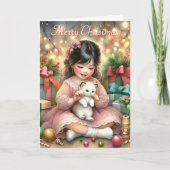 Klein Meisje in Roze met Kitten Kerst Feestdagen Kaart (Voorkant)
