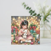 Klein  Meisje in Roze met Kitten Kerst Feestdagenkaart (Staand voorkant)