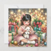 Klein  Meisje in Roze met Kitten Kerst Feestdagenkaart (Voorkant)