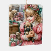 Klein  meisje in roze met Puppies kerst Keramisch Ornament (Rechts)