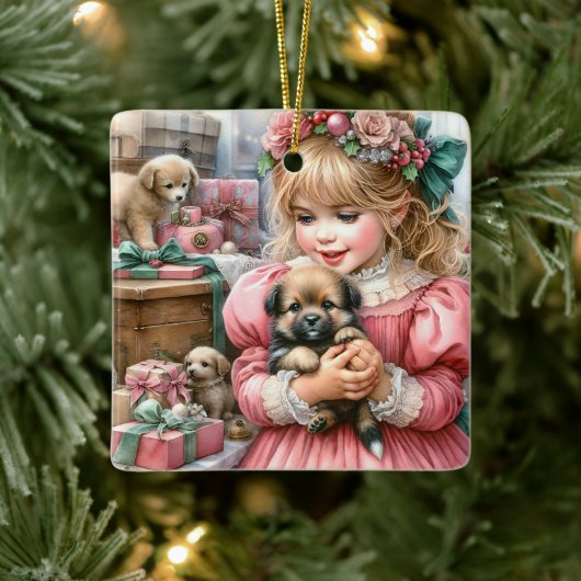 Klein  meisje in roze met Puppies kerst Keramisch Ornament (Boom)