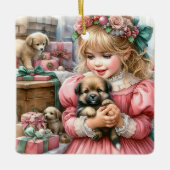 Klein  meisje in roze met Puppies kerst Keramisch Ornament (Voorkant)