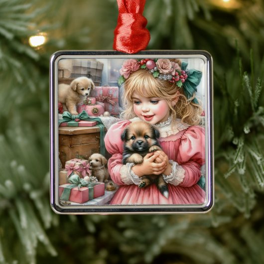 Klein  meisje in roze met Puppies kerst Metalen Ornament (Boom)