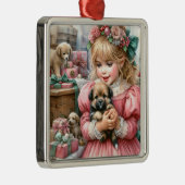 Klein  meisje in roze met Puppies kerst Metalen Ornament (Rechts)