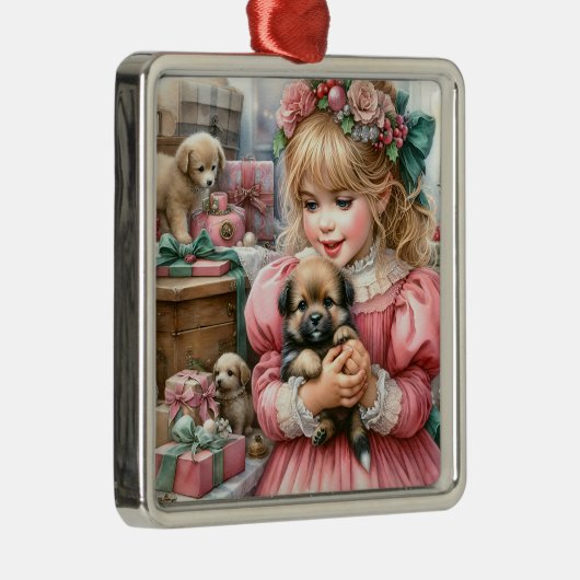 Klein  meisje in roze met Puppies kerst Metalen Ornament (Rechts)
