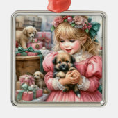 Klein  meisje in roze met Puppies kerst Metalen Ornament (Voorkant)