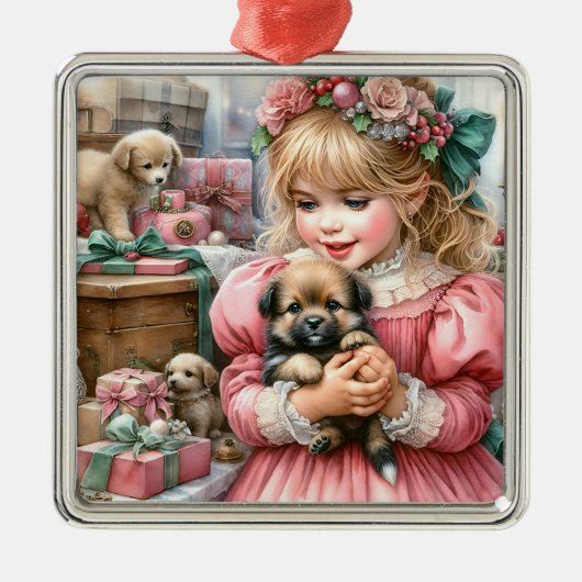 Klein  meisje in roze met Puppies kerst Metalen Ornament (Voorkant)