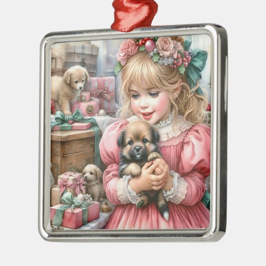 Klein  meisje in roze met Puppies kerst Metalen Ornament (Links)