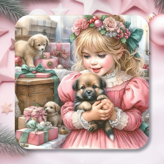 Klein  meisje in roze met Puppies kerst Vierkante Sticker