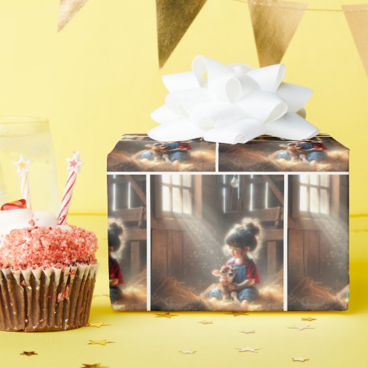 Klein meisje in schuur met kalf cadeaupapier (Verjaardagsfeest)