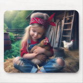 Klein meisje knuffelen een kip muismat (Voorkant)