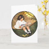 Klein meisje lezend in een hangmat kaart (Gele Bloem)