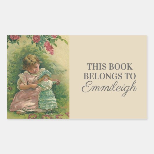  klein meisje met Baby Doll Bookplate Rechthoekige Sticker (Voorkant)