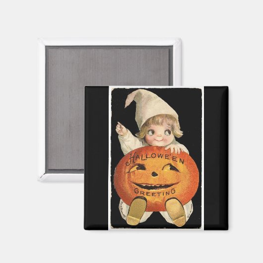  klein meisje met Big Halloween Pumpkin Magneet (Voorkant / Achterkant)