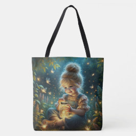 Klein meisje met bliksembugs tote bag