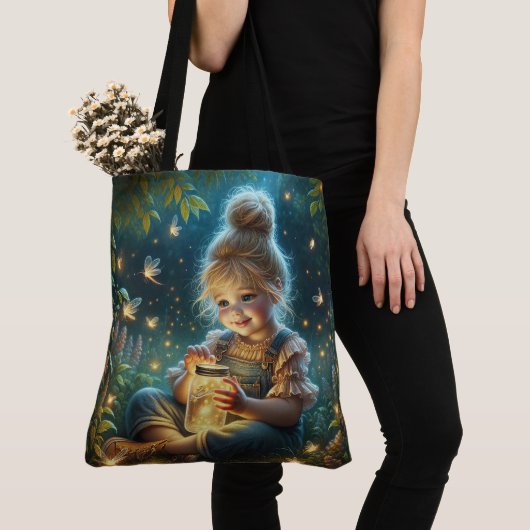 Klein meisje met bliksembugs tote bag (Dichtbij)