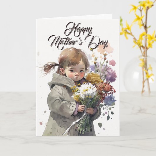 Klein meisje met bloem, Moederdag Kaart (Gele Bloem)