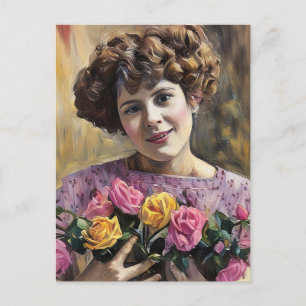 Klein meisje met bloemen pastel kunstschilderij briefkaart