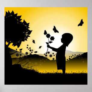 Klein meisje met bloemen silhouet poster