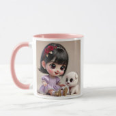 Klein meisje met bloemenband en haar witte puppy. mok (Links)