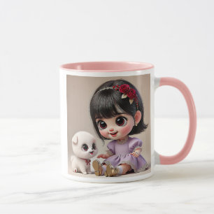 Klein meisje met bloemenband en haar witte puppy. mok
