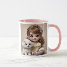 Klein meisje met bloemenband en haar witte puppy.