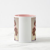 Klein meisje met bloemenband en haar witte puppy. mok (Midden)