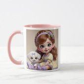 Klein meisje met bloemenband en haar witte puppy. mok (Links)