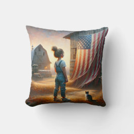 Klein meisje met een Amerikaanse vlag op een schuu Kussen