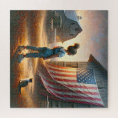 Klein meisje met een Amerikaanse vlag op een schuu Legpuzzel (Horizontaal)