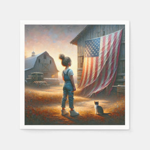 Klein meisje met een Amerikaanse vlag op een schuu Servet