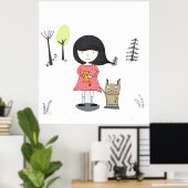 Klein meisje met een monstervriend komisch kinder poster (Thuiskantoor)