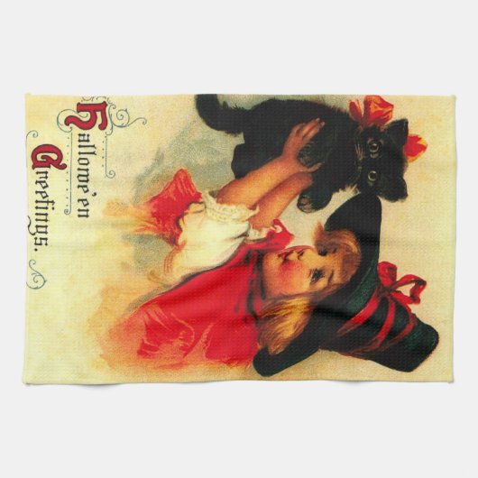 Klein meisje met haar zwarte kat theedoek (Horizontaal)
