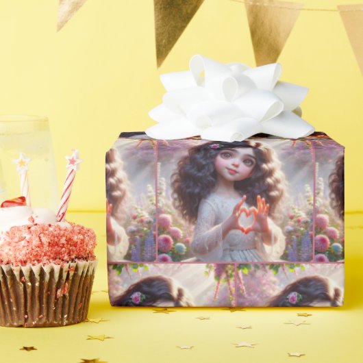 Klein meisje met hart teken cadeaupapier (Verjaardagsfeest)