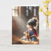 Klein meisje met kalf in schuur kaart (Gele Bloem)