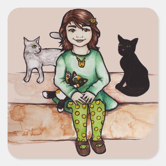 Klein meisje met katten vierkante sticker (Voorkant)