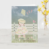 klein meisje met kite op bank voor verjaardag kaart (Gele Bloem)