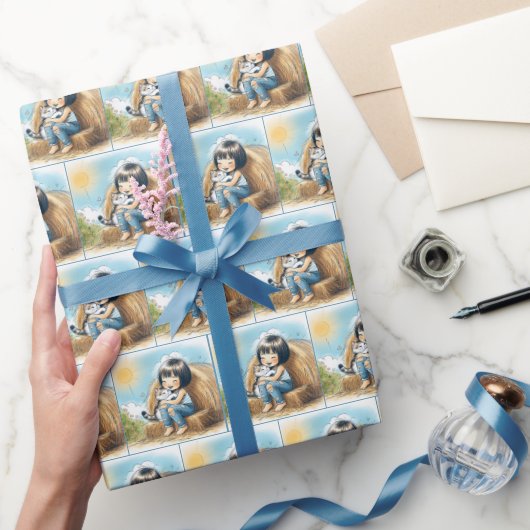 Klein meisje met kitten op hooibaal cadeaupapier (Geschenken)