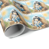 Klein meisje met kitten op hooibaal cadeaupapier (Rol Hoek)