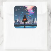 Klein meisje met kleurrijke vlinders vierkante sticker (Tas)