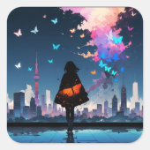 Klein meisje met kleurrijke vlinders vierkante sticker (Voorkant)