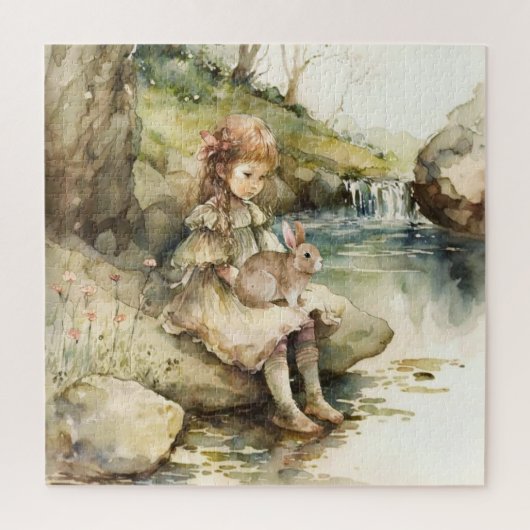 Klein meisje met konijn aquarelschilderij legpuzzel (Verticaal)