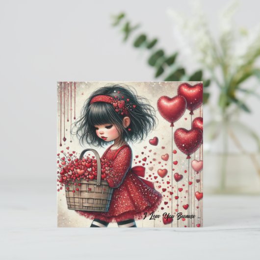 Klein meisje met mand rode glitter harten feestdagenkaart (Staand voorkant)
