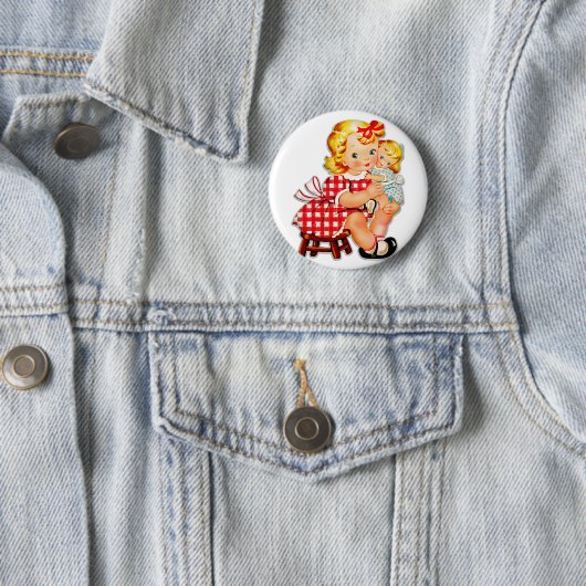 Klein meisje met  pop ronde button 5,7 cm (In situ)