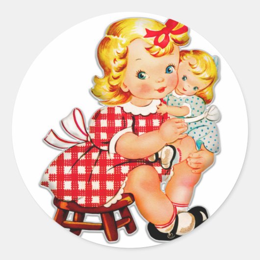 Klein meisje met pop ronde sticker (Voorkant)