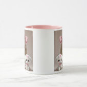 Klein meisje met roze knoop en haar witte puppy. mok (Midden)