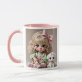 Klein meisje met roze knoop en haar witte puppy. mok (Links)